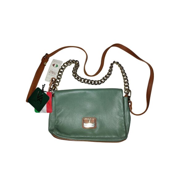 Valentina Pebbled Genuine Leather Green Brown Medium Handbag/Shoulder Purse NWT - Picture 1 of 12